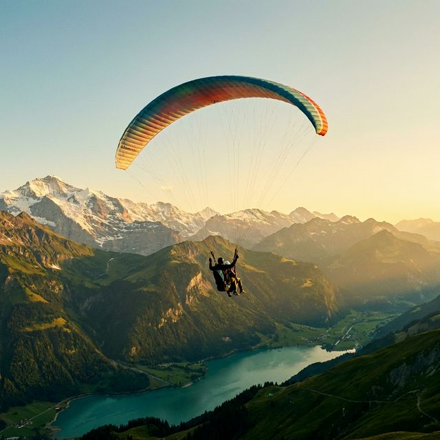 Tandem-Paraglider über den Alpen bei Sonnenuntergang